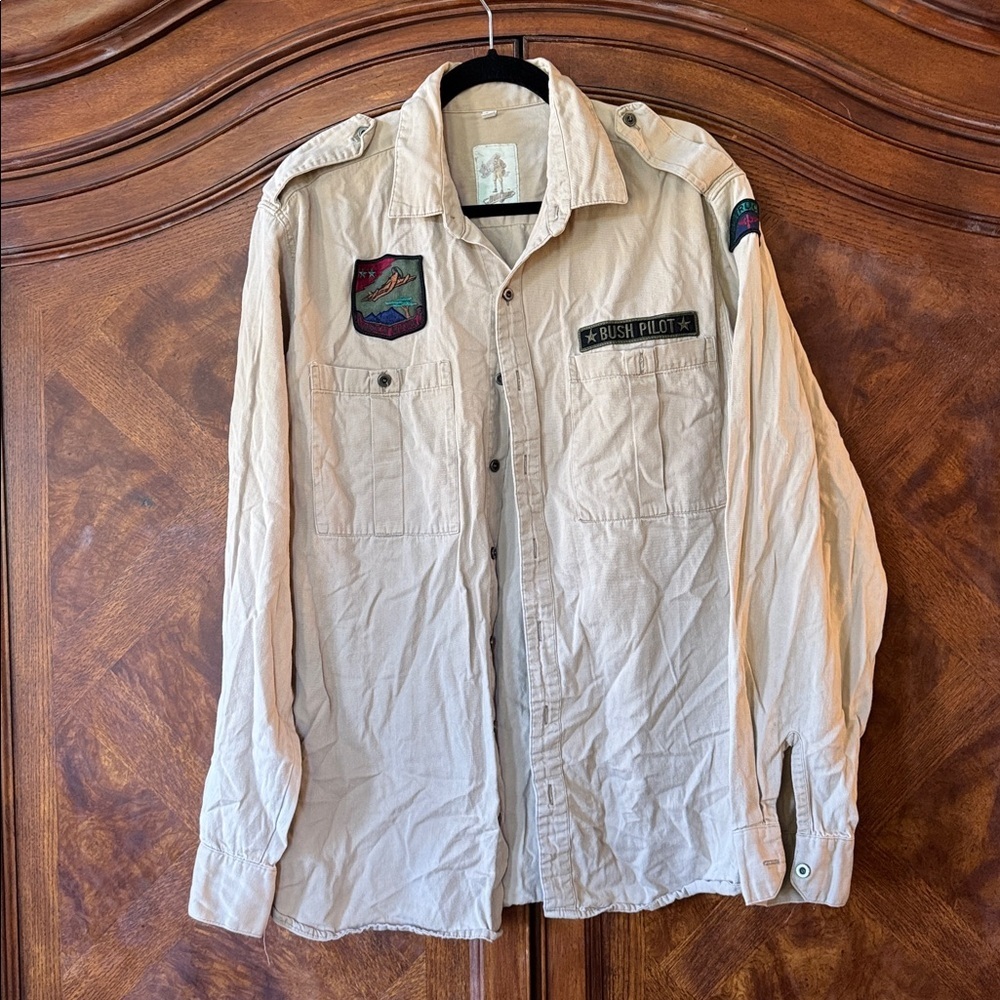 Bush Pilot Distressed Tan Long Sleeve Shirt with Flight Patches size Large Tall